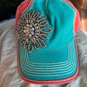 Olive & Pique Rhinestone Bling Jeweled
Baseball Cap Blue Red Distressed Denim
